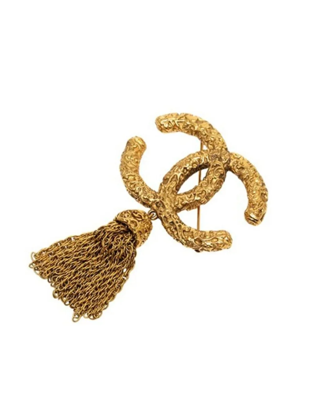 Chanel Vintage CC Logo Lava Fringe Brooch Gold Plated